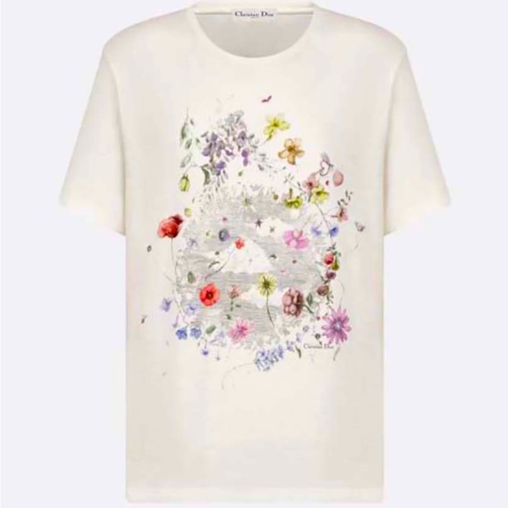 Christian Dior NWT Womens Linen/Cotton T-shirt White & Multicolor Floral Size XS